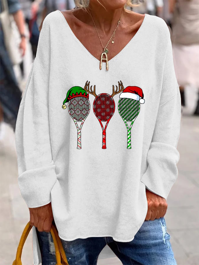 Women's Christmas Tennis Racket Printed French Cashmere V-Neck Top