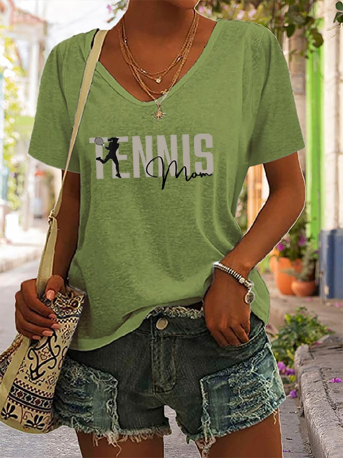 Women's Tennis Mom Printed V-Neck T-Shirt