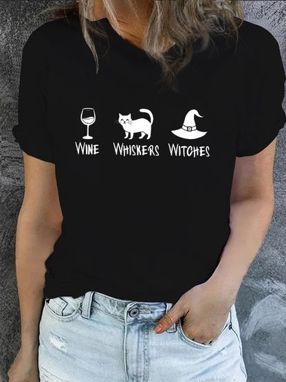 Women's Wine Whiskers Witches Print T-Shirt