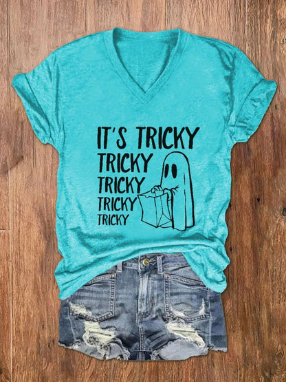 Women's It's Tricky Funny Halloween Print V-Neck T-Shirt