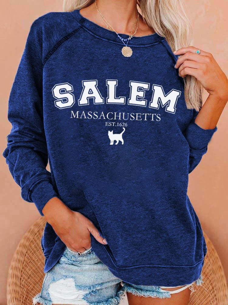 Women's Salem Massachusetts Est.1626 Halloween Black Cat Print Casual Sweatshirt