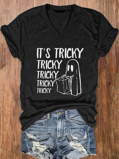 Women's It's Tricky Funny Halloween Print V-Neck T-Shirt