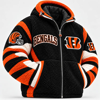 UNISEX CINCINNATI BENGALS SHERPA FLEECE ZIP UP HOODIE JACKET