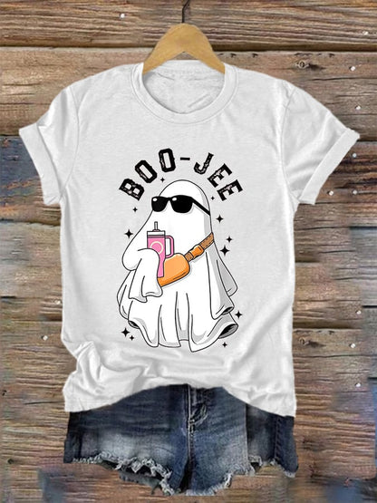 Women's Halloween Boo Jee Cute Ghost Print Casual Tee