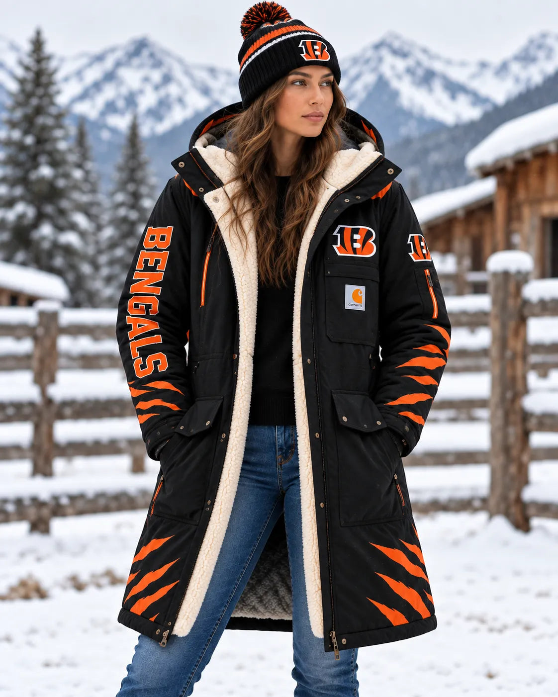 CINCINNATI BENGALS UNISEX SHERPA-LINED LONG WINTER PARKA JACKET