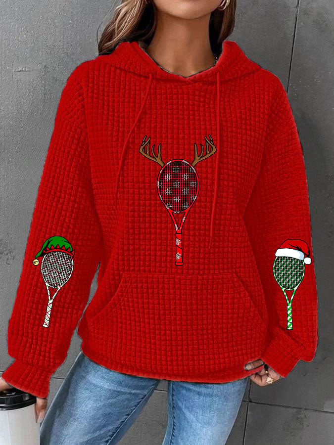 Women's Christmas Tennis Racket Print Waffle Hooded Sweatshirt