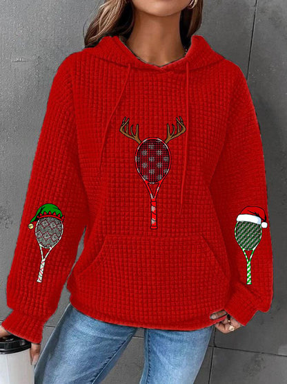 Women's Christmas Tennis Racket Print Waffle Hooded Sweatshirt