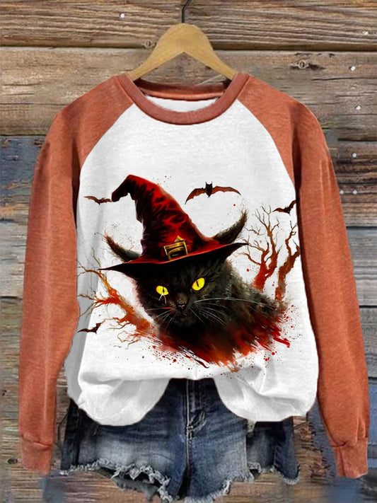 Women's Halloween Witches Cat  Print Casual Sweatshirt