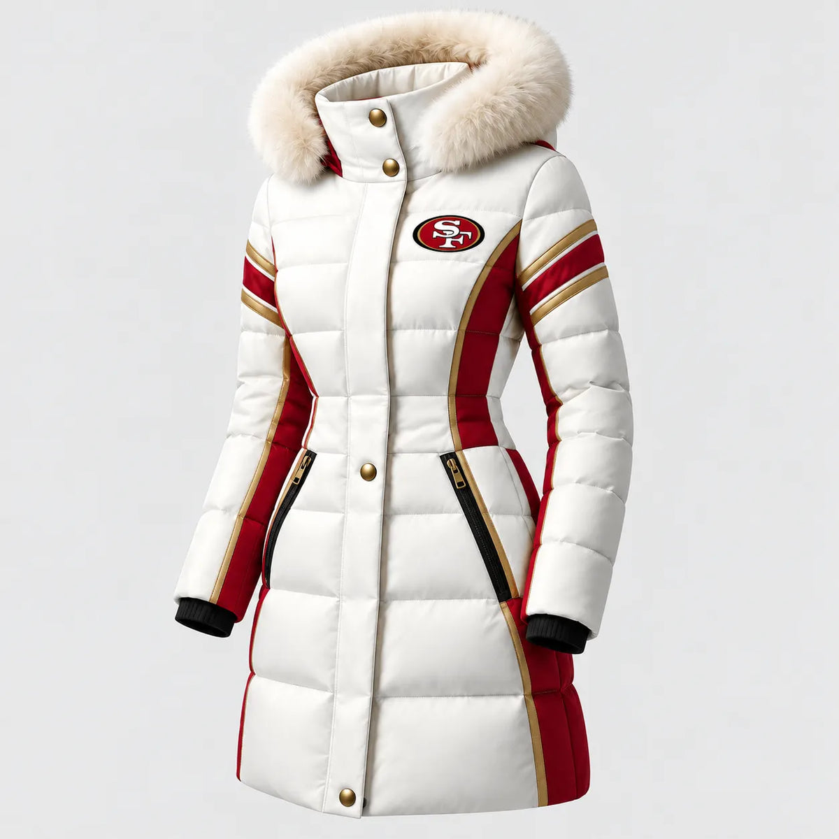 SAN FRANCISCO 49ERS WOMEN'S FUR HOOD COLORBLOCK LONG PUFFER COAT