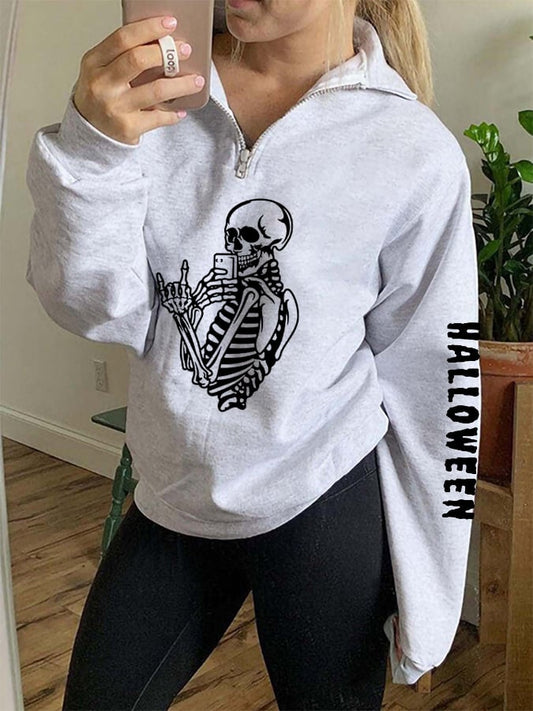 Women's Funny Halloween Skeleton Casual Zipper-Neck Sweatshirt