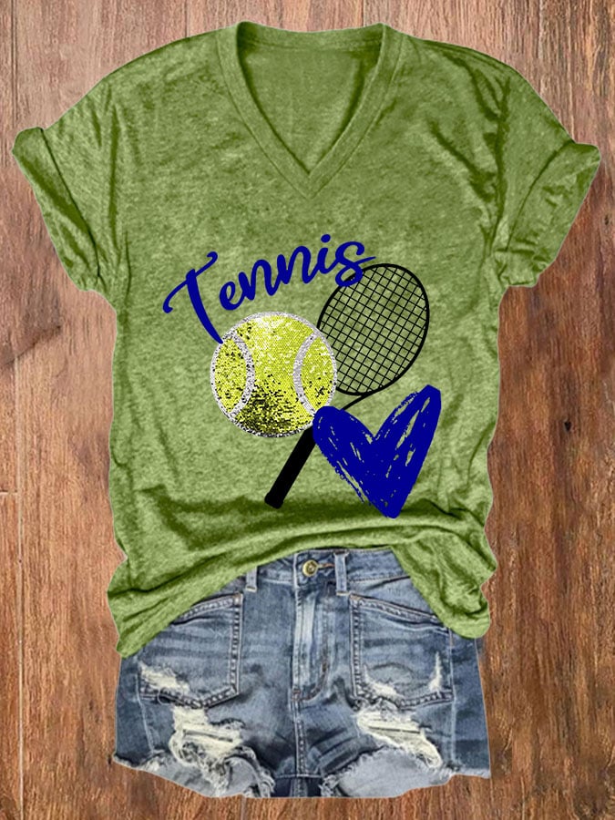 Women's Tennis Print Casual V-Neck Tee