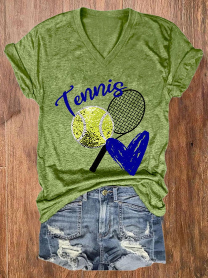 Women's Tennis Print Casual V-Neck Tee