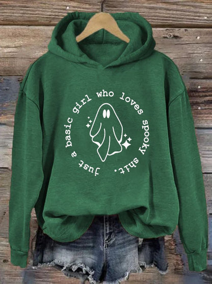 Women's "Just a basic girl who loves Spooky Shirt" printed casual hooded sweatshirt