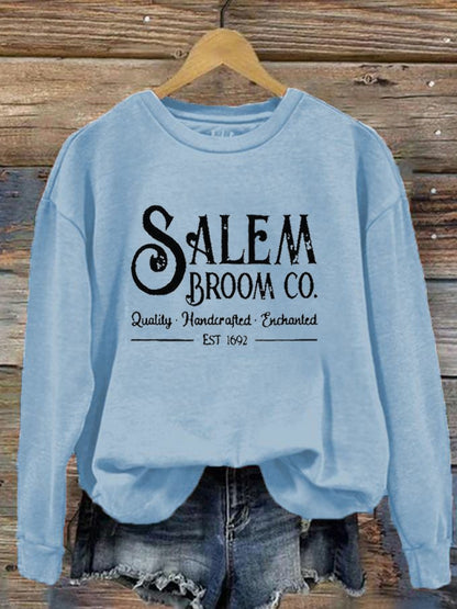 Women's Salem Broom Co Quality Handcrafted Enchanted Est 1692 Print Crew Neck Sweatshirt