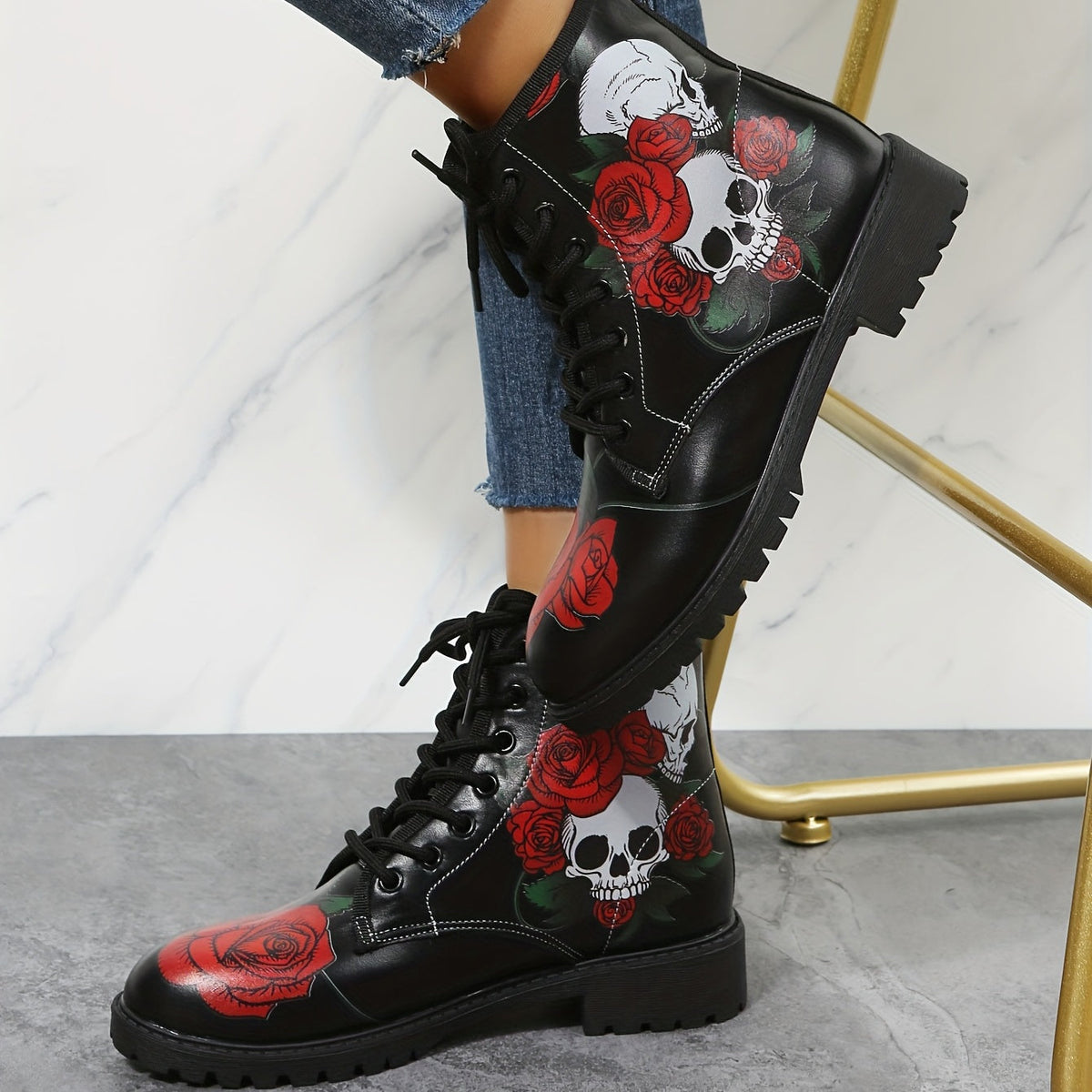 Stylish and Edgy: Women's Rose Skull Print Short Boots – Comfortable Closed Toe Lace-up Ankle Boots for Fashion-forward Women