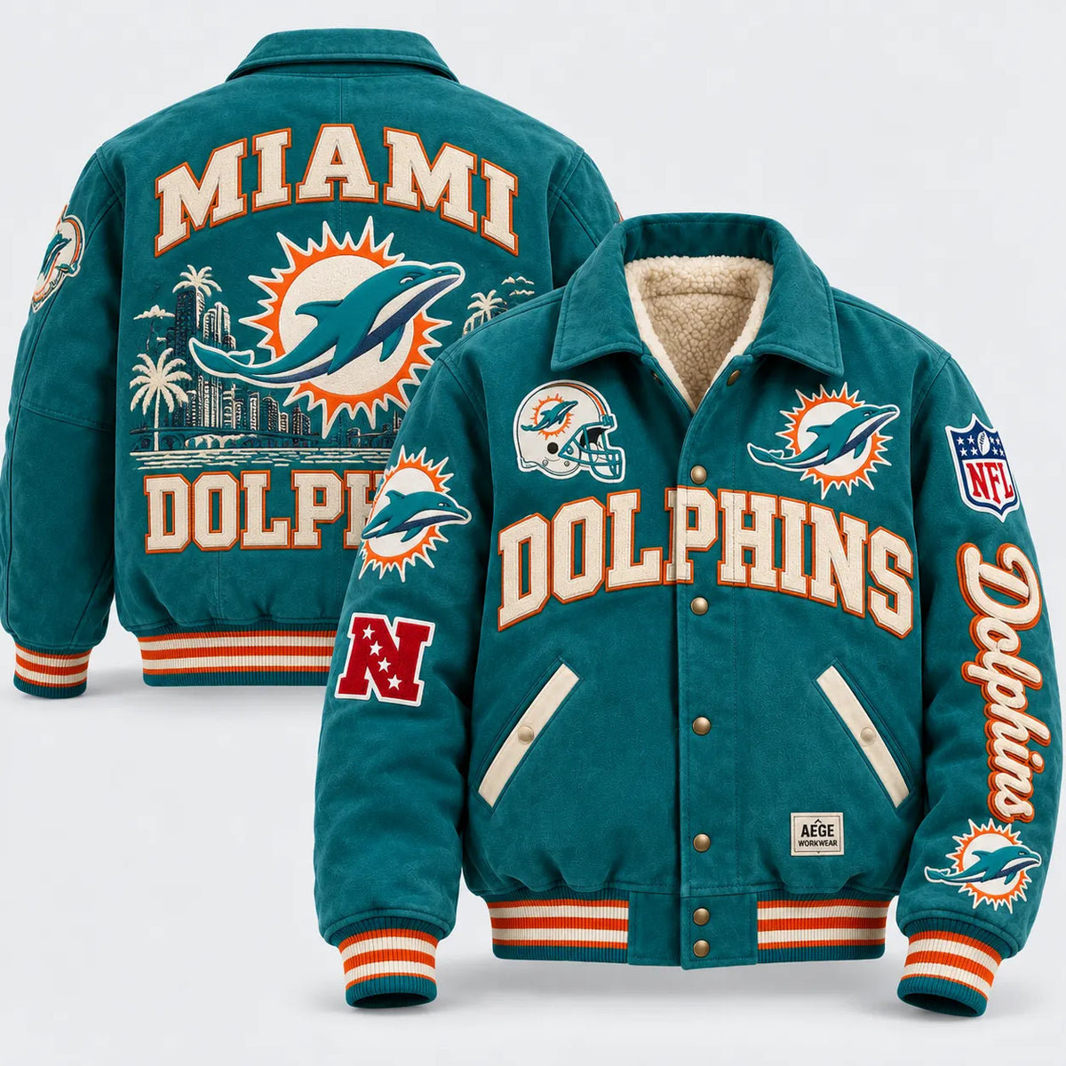 UNISEX MIAMI DOLPHINS RETRO PATCHWORK VARSITY JACKET | AEGE