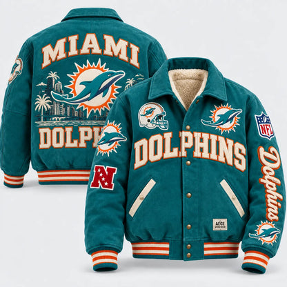 UNISEX MIAMI DOLPHINS RETRO PATCHWORK VARSITY JACKET | AEGE