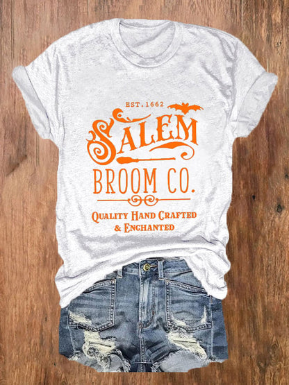 Women's Halloween Salem Broom Co Print O-Neck T-Shirt