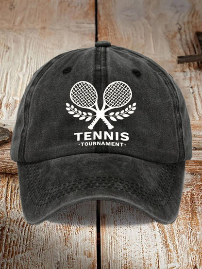 Unisex Tennis Print Distressed Washed Hat