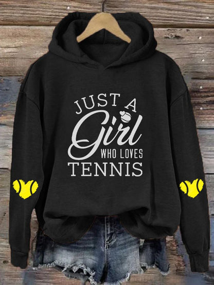Women's "Just A Girl Who Loves Tennis" Printed Casual Hooded Sweatshirt