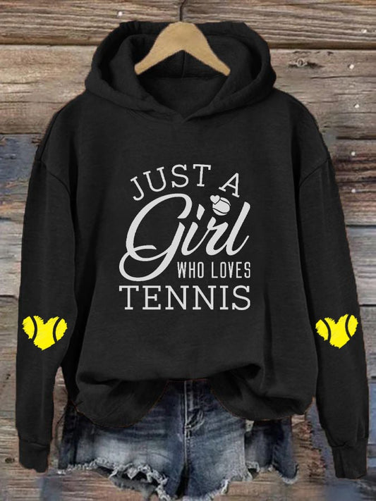 Women's "Just A Girl Who Loves Tennis" Printed Casual Hooded Sweatshirt