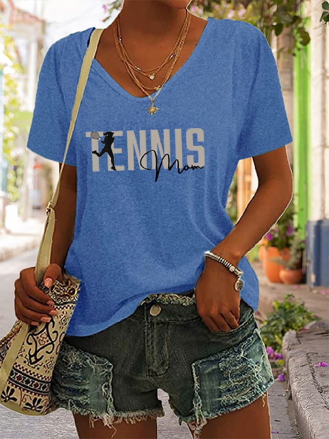 Women's Tennis Mom Printed V-Neck T-Shirt