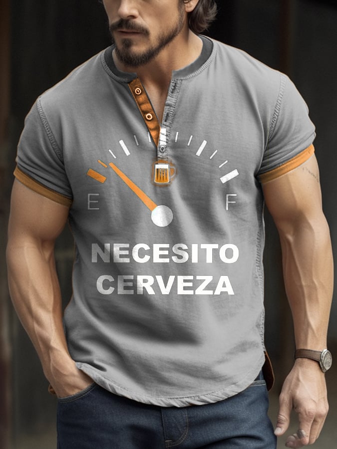 Men's Retro Contrast Oktoberfest Beer Print Henley Neck T-Shirt