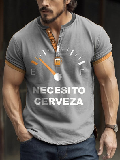 Men's Retro Contrast Oktoberfest Beer Print Henley Neck T-Shirt