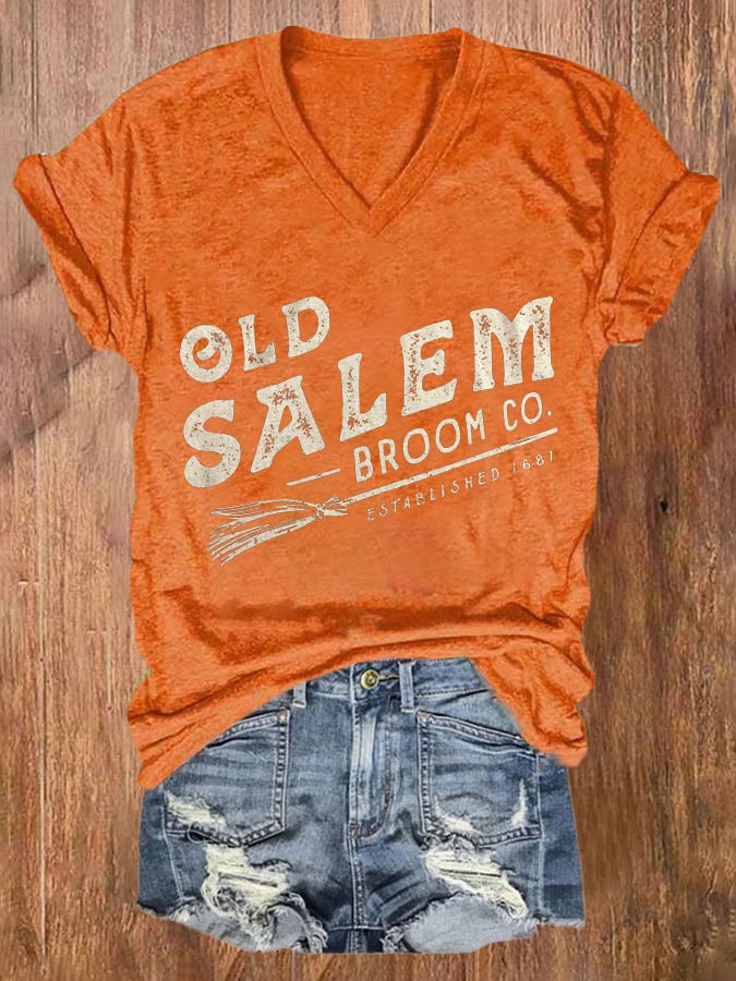 Women's Old Salem Broom Co Print V Neck T-shirt