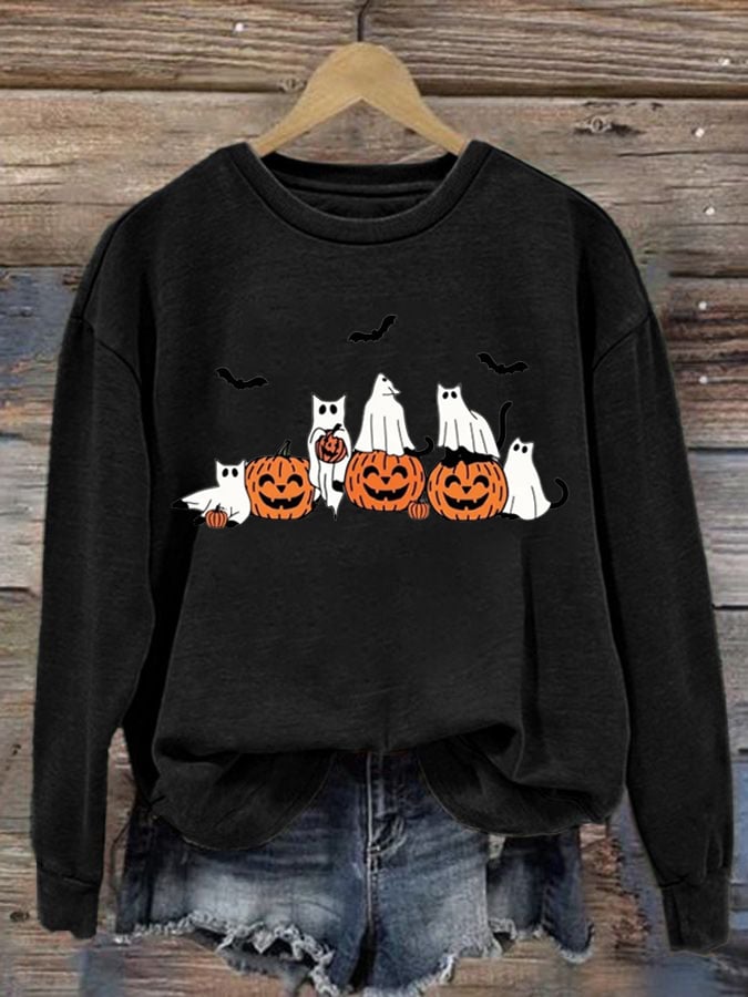 Women's Ghost Cats Halloween Print Long Sleeve Sweatshirt