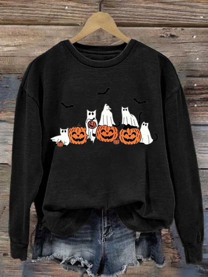 Women's Ghost Cats Halloween Print Long Sleeve Sweatshirt