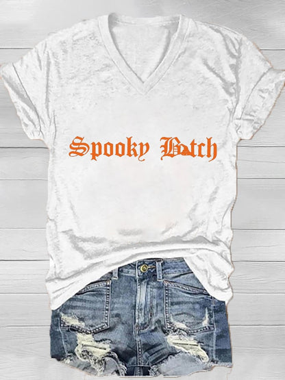 Women's Halloween Spooky B*tch Print V-Neck T-Shirt