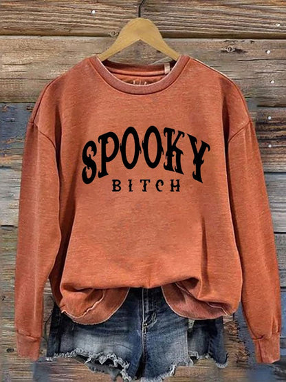 Women's Halloween Spooky Bitch Move Over Hot Girl Summer It's Spooky Bitch Season Printed Round Neck Long Sleeve Sweatshirt