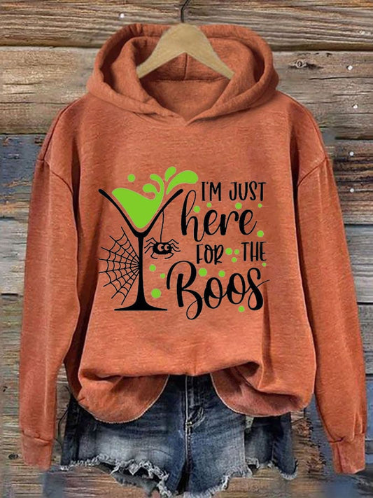 Women's Funny Halloween I’m Just Here for the Boos Printing Casual Hoodie