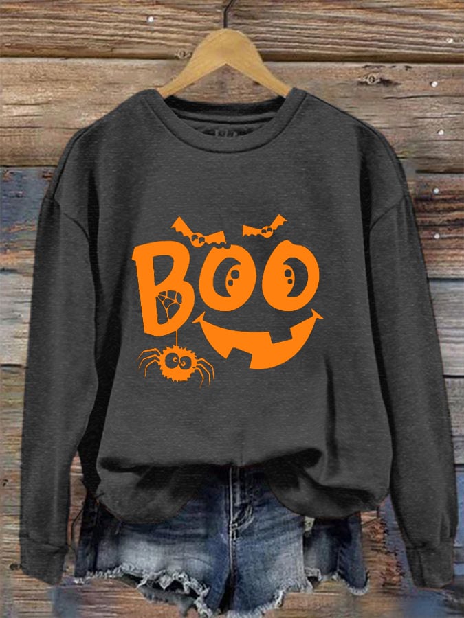 Women's  Funny Halloween Pumpkin Face Boo Print Sweatshirt