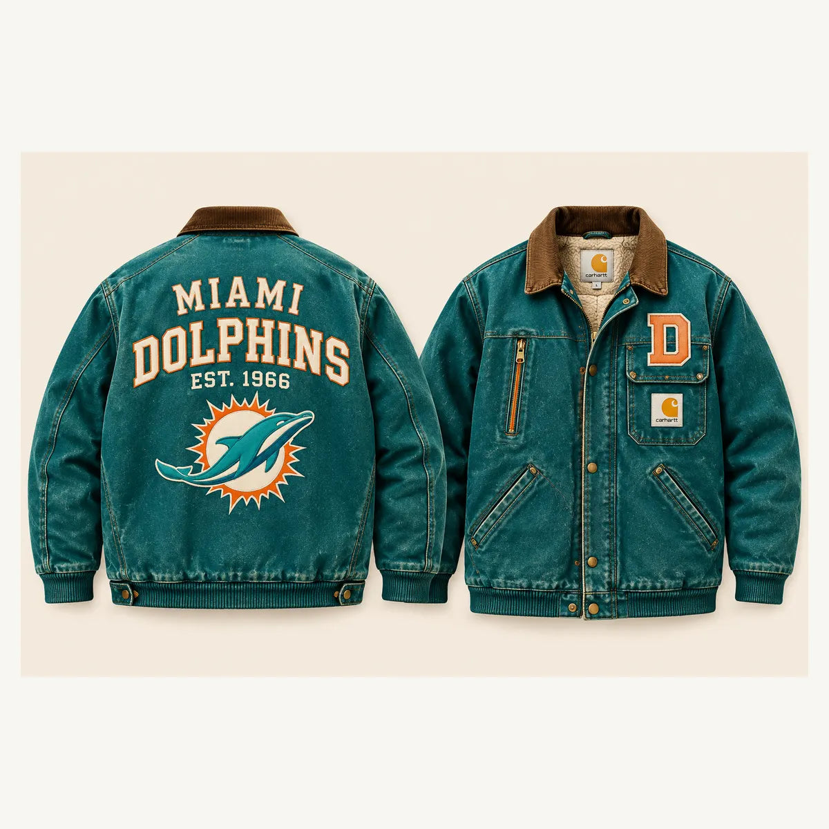 UNISEX MIAMI DOLPHINS SHERPA LINED OVERSIZED WORKWEAR WINTER PARKA JACKET
