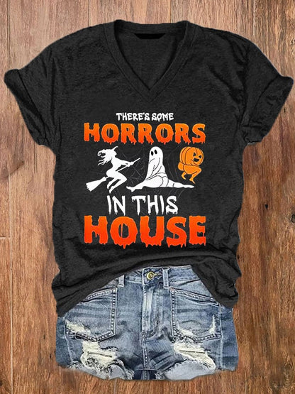 Women's Funny Halloween There's Some Horrors In This House Witch Spooky Pumpkin V-Neck Tee