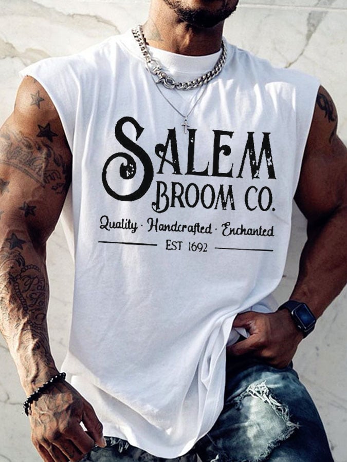 Men's Salem Broom Co Quality Handcrafted Enchanted Est 1692 Print Tank Top