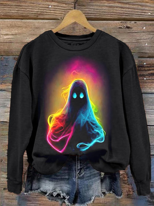 Women's Colorful Ghost Print Crew Neck Sweatshirt