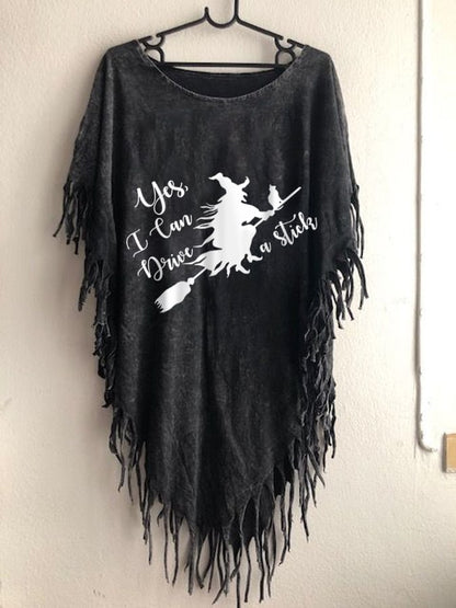 Women's Funny Halloween Witch Yes Actually I Can Drive A Stick Fringed Top