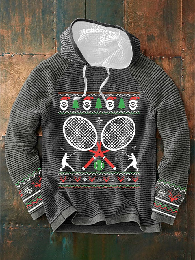 Men's Christmas Tennis Racket Print Casual Hooded Sweatshirt