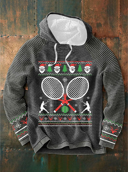 Men's Christmas Tennis Racket Print Casual Hooded Sweatshirt