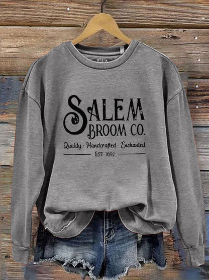 Women's Salem Broom Co Quality Handcrafted Enchanted Est 1692 Printed Round Neck Long Sleeve Sweatshirt