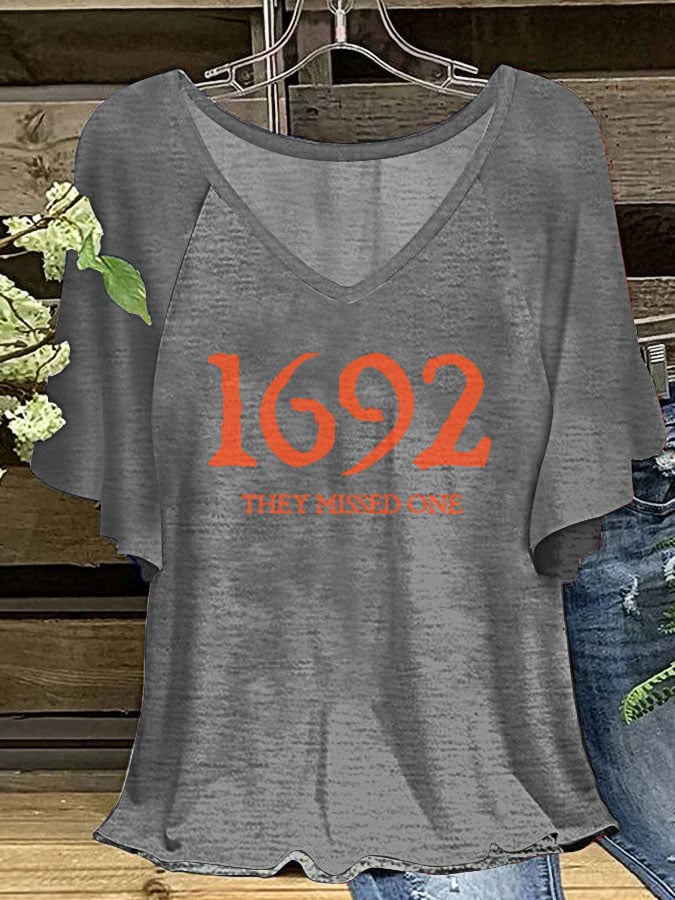 Women's Salem 1692 They Missed One Print V-Neck Ruffle Sleeve T-Shirt