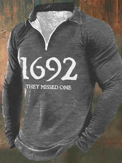 Men's 1692 They Missed One Salem Witch Print Zip Long Sleeve Sweatshirt