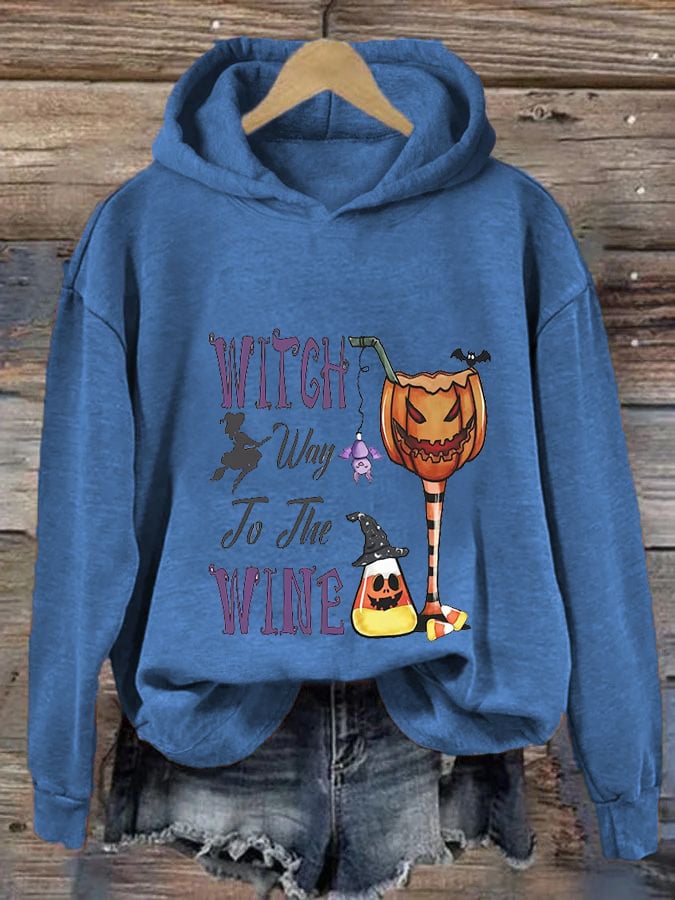 Women's Funny Halloween Witch Way To The Wine Printed Casual Hoodie