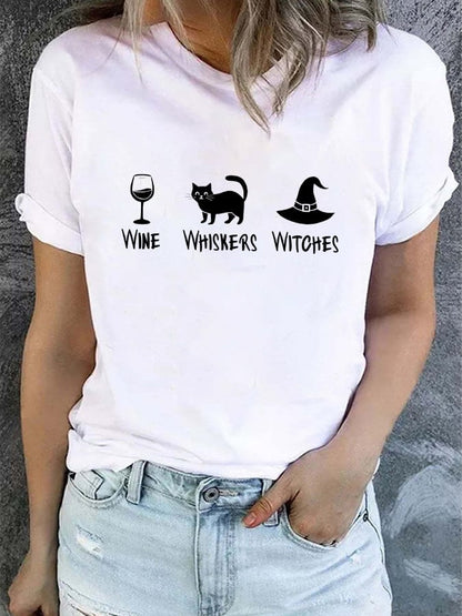 Women's Wine Whiskers Witches Print T-Shirt