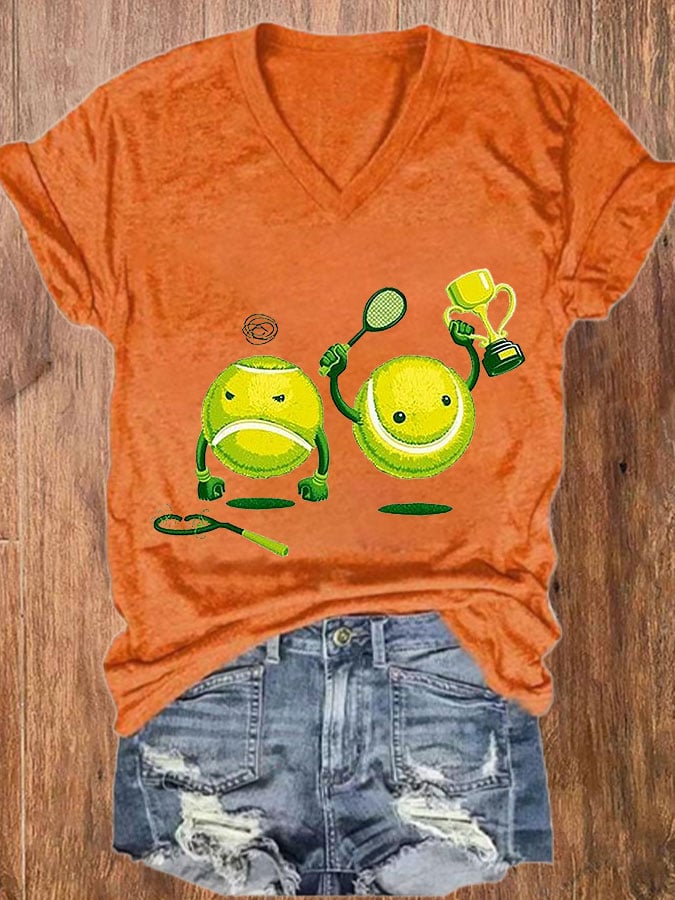 Women's Funny Tennis Print Casual V-Neck Tee