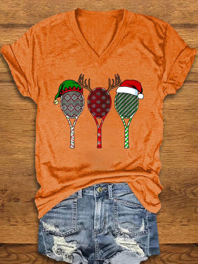 Women's Christmas Tennis Racket Print T-Shirt