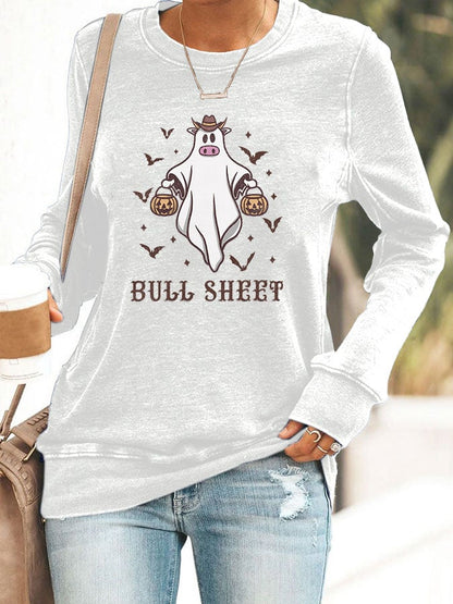 Women's Halloween Bull Sheet Funny Ghost Cows Print Sweatshirt